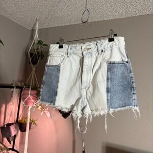 PacSun High Rise Festival Denim Shorts Size 27 Two Tone Frayed Hem Women